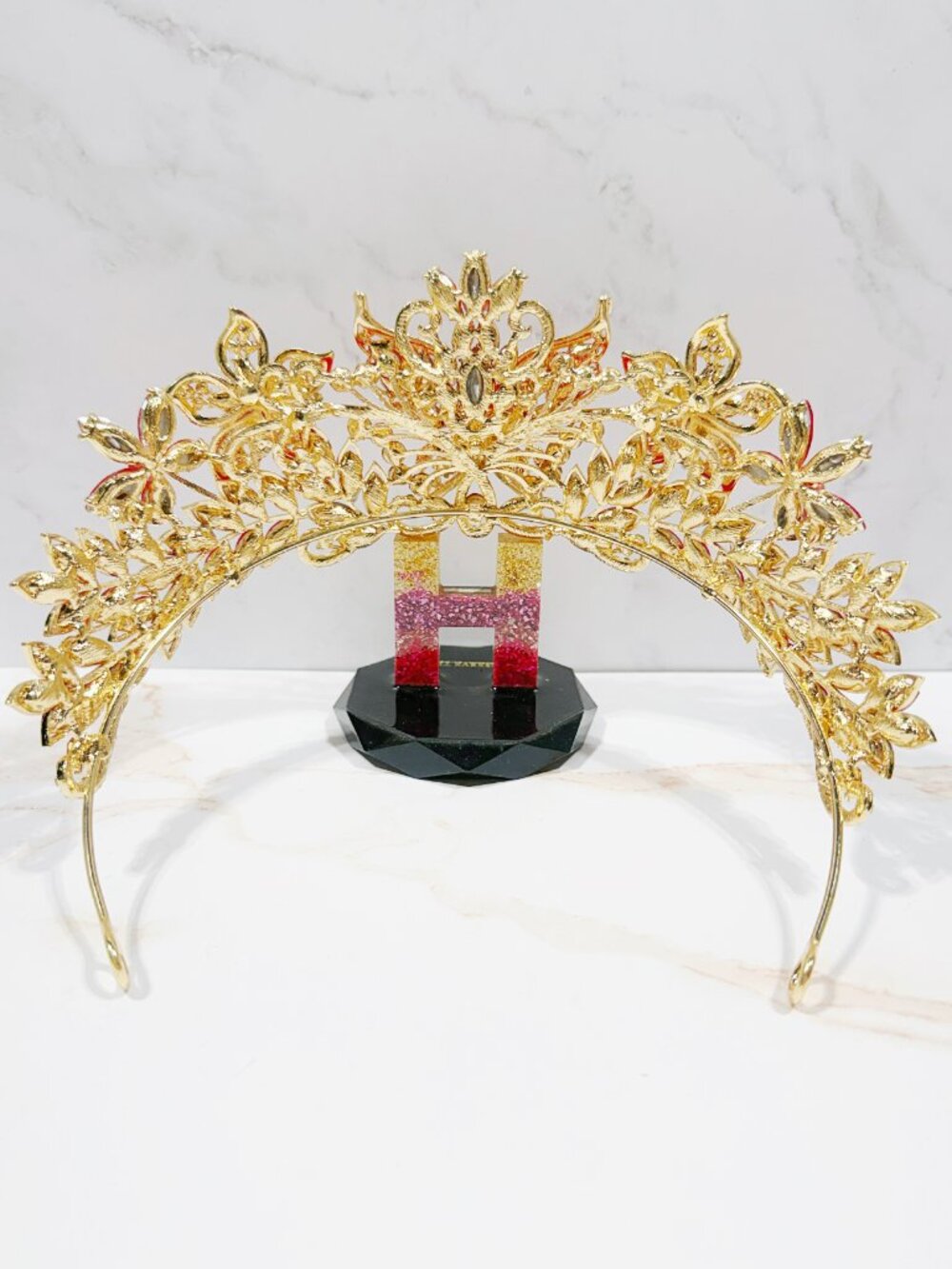 Red Crystal Butterfly Tiara Crown Gold Tone Pageant Prom Wedding Headpiece - Picture 7 of 8